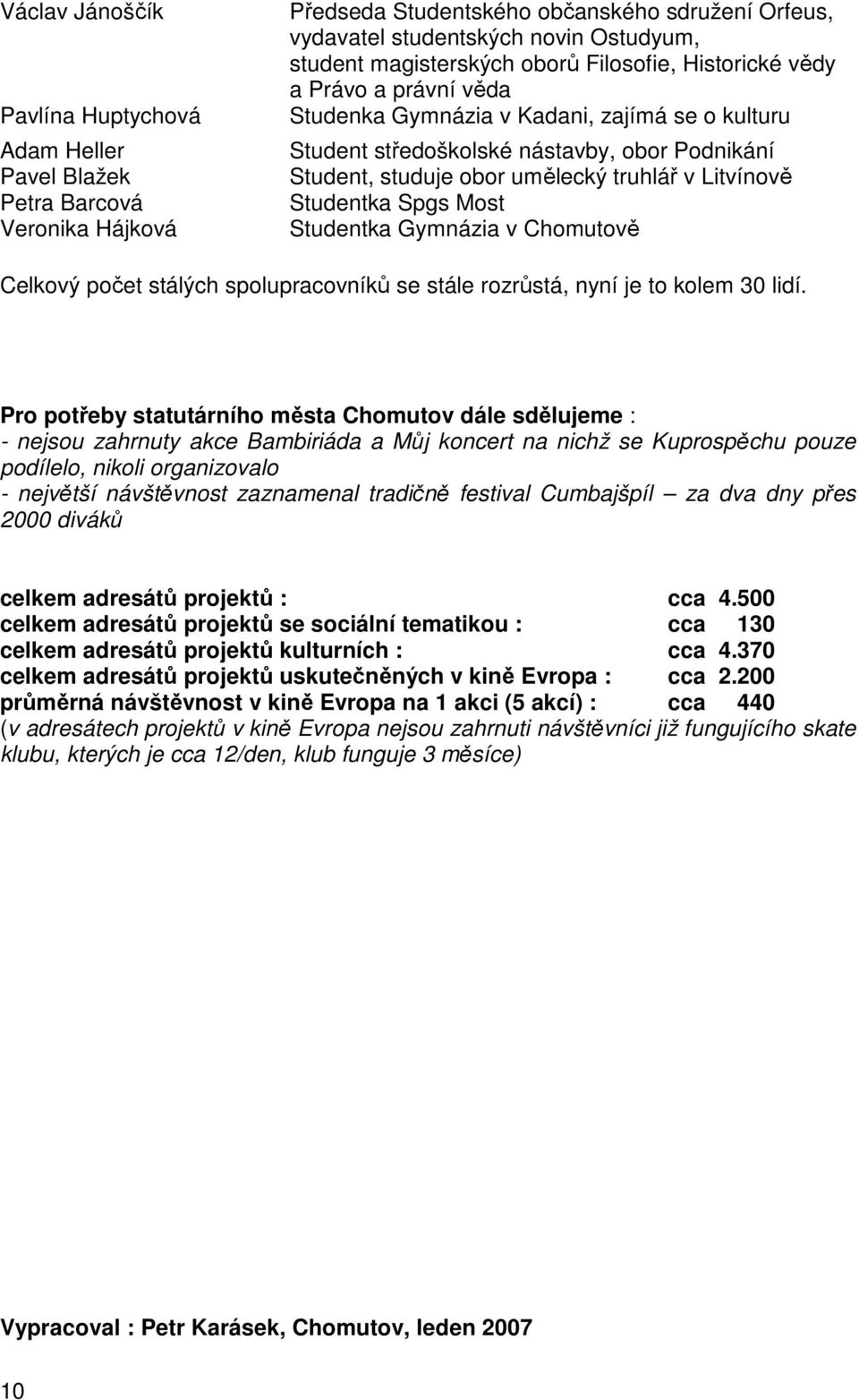 truhlář v Litvínově Studentka Spgs Most Studentka Gymnázia v Chomutově Celkový počet stálých spolupracovníků se stále rozrůstá, nyní je to kolem 30 lidí.