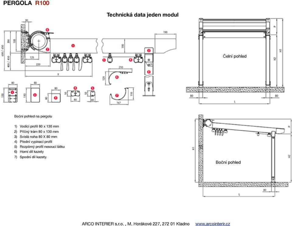 3) Svislá noha 80 X 80 mm 4) Přední vypínací profil 5) Rozpěrný