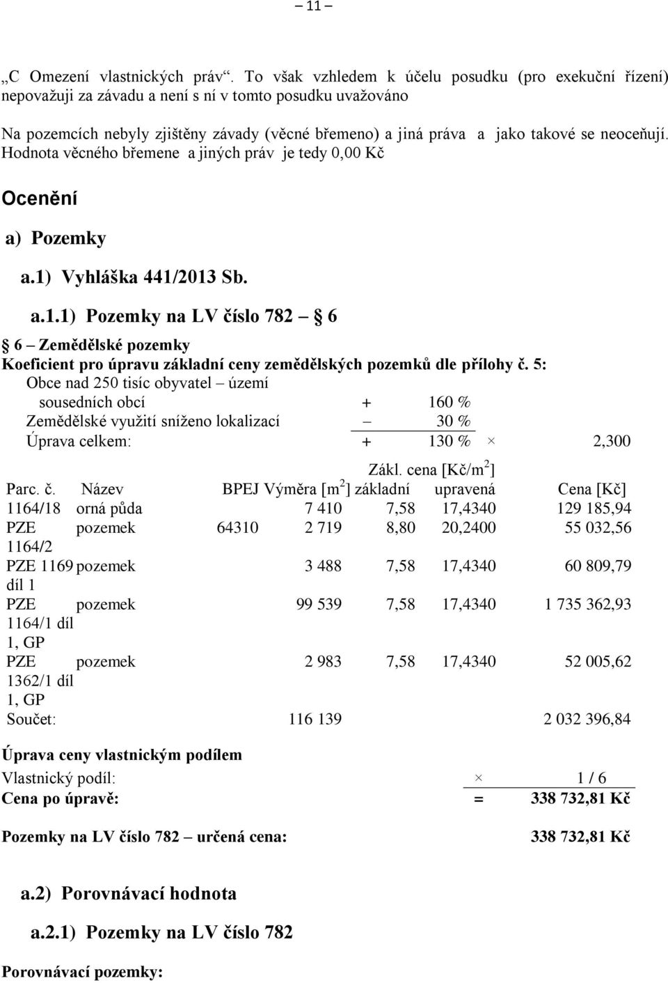 neoceňují. Hodnota věcného břemene a jiných práv je tedy 0,00 Kč Ocenění a) Pozemky a.1)