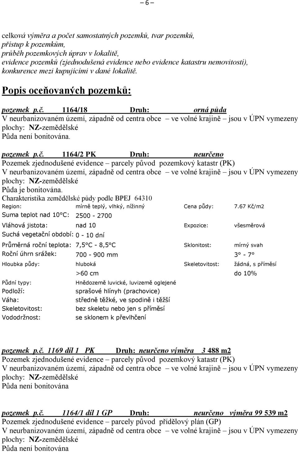 1164/18 Druh: orná půda V neurbanizovaném území, západně od centra obce ve volné krajině jsou v ÚPN vymezeny plochy: NZ-zemědělské Půda není bonitována. pozemek p.č.