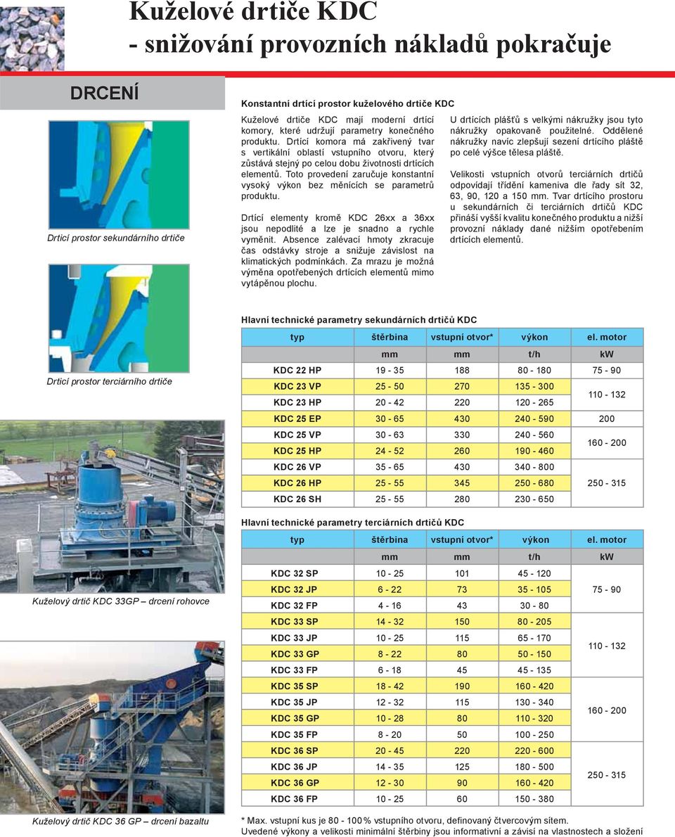 Toto provedení zaručuje konstantní vysoký výkon bez měnících se parametrů produktu. Drtící elementy kromě KDC 26xx a 36xx jsou nepodlité a lze je snadno a rychle vyměnit.