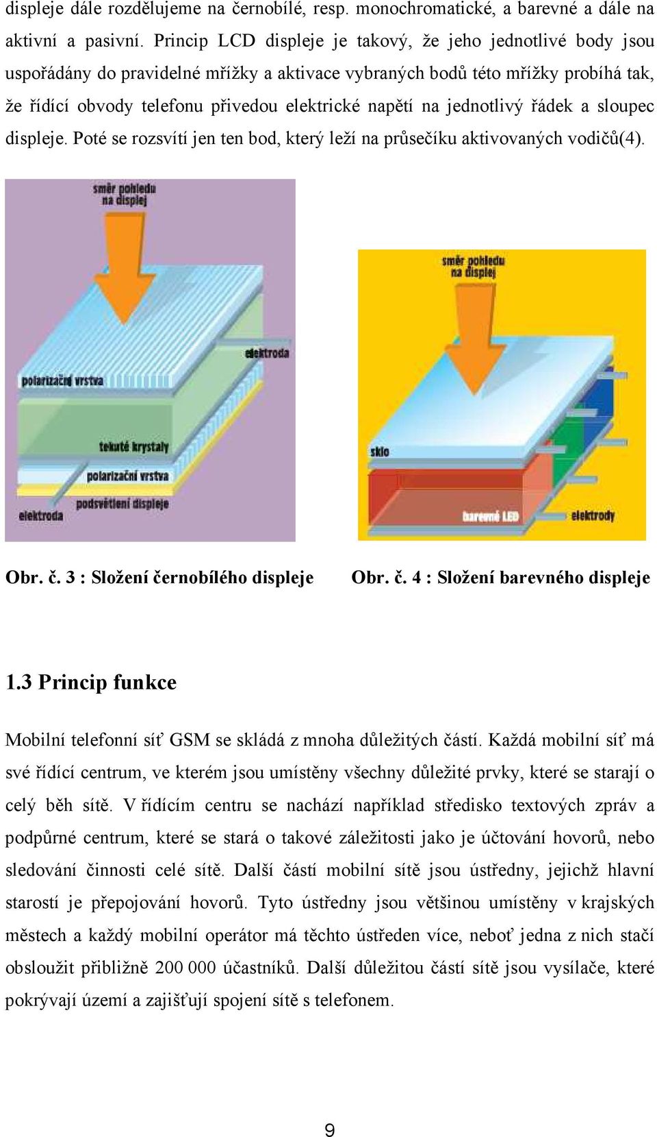 jednotlivý řádek a sloupec displeje. Poté se rozsvítí jen ten bod, který leží na průsečíku aktivovaných vodičů(4). Obr. č. 3 : Složení černobílého displeje Obr. č. 4 : Složení barevného displeje 1.