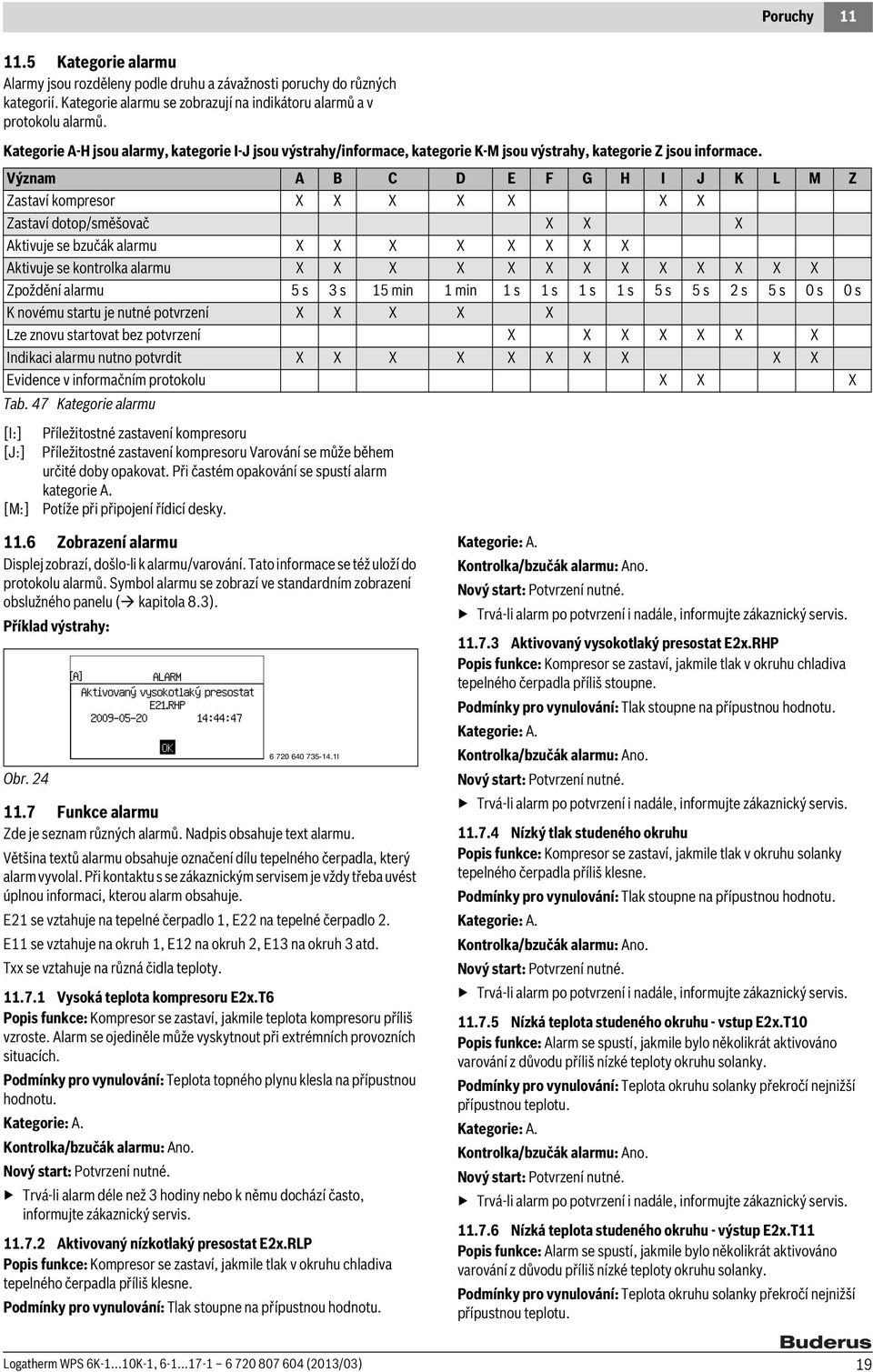 Význam A B C D E F G H I J K L M Z Zastaví kompresor X X X X X X X Zastaví dotop/směšovač X X X Aktivuje se bzučák alarmu X X X X X X X X Aktivuje se kontrolka alarmu X X X X X X X X X X X X X