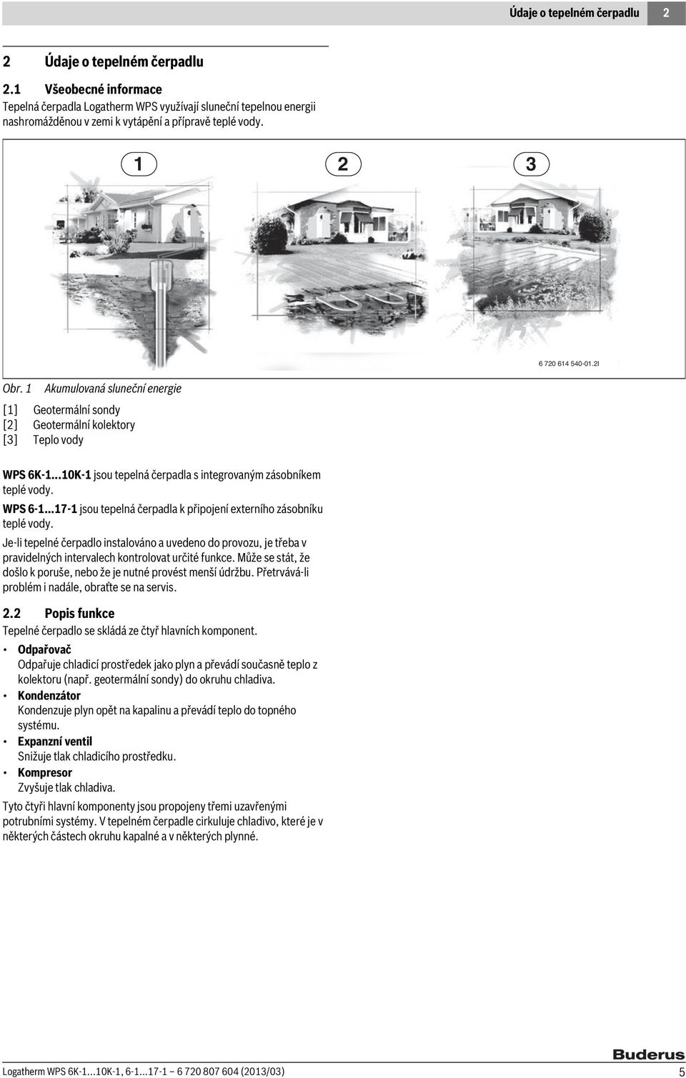 1 Akumulovaná sluneční energie [1] Geotermální sondy [2] Geotermální kolektory [3] Teplo vody 6 720 614 540-01.2I WPS 6K-1...10K-1 jsou tepelná čerpadla s integrovaným zásobníkem teplé vody. WPS 6-1.