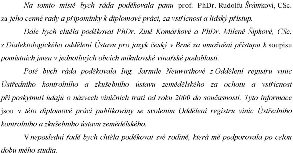 z Dialektologického oddělení Ústavu pro jazyk český v Brně za umožnění přístupu k soupisu pomístních jmen v jednotlivých obcích mikulovské vinařské podoblasti. Poté bych ráda poděkovala Ing.