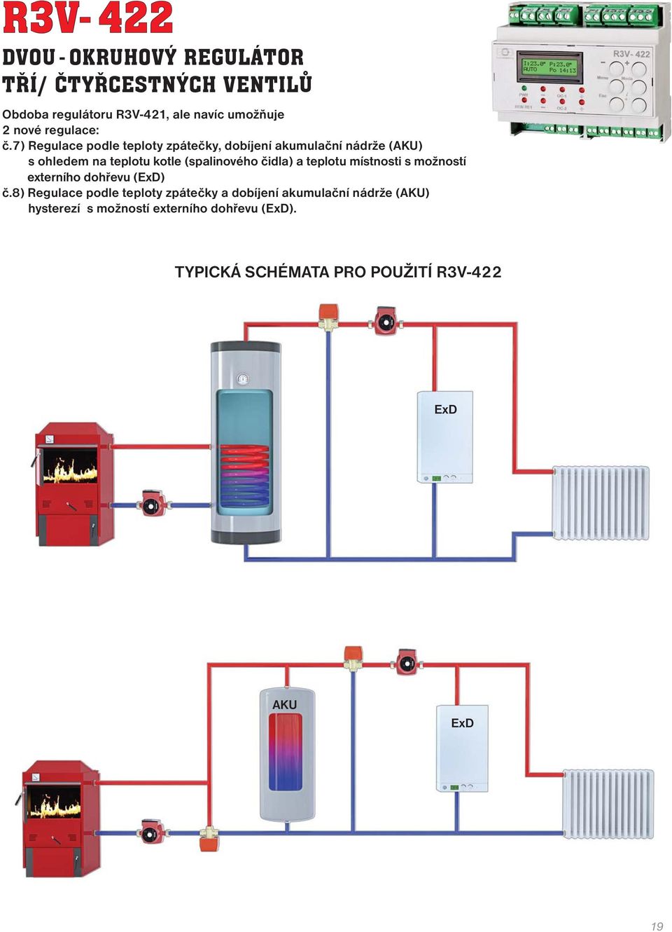 7) Regulace podle teploty zpátečky, dobíjení akumulační nádrže (AKU) s ohledem na teplotu kotle (spalinového čidla)