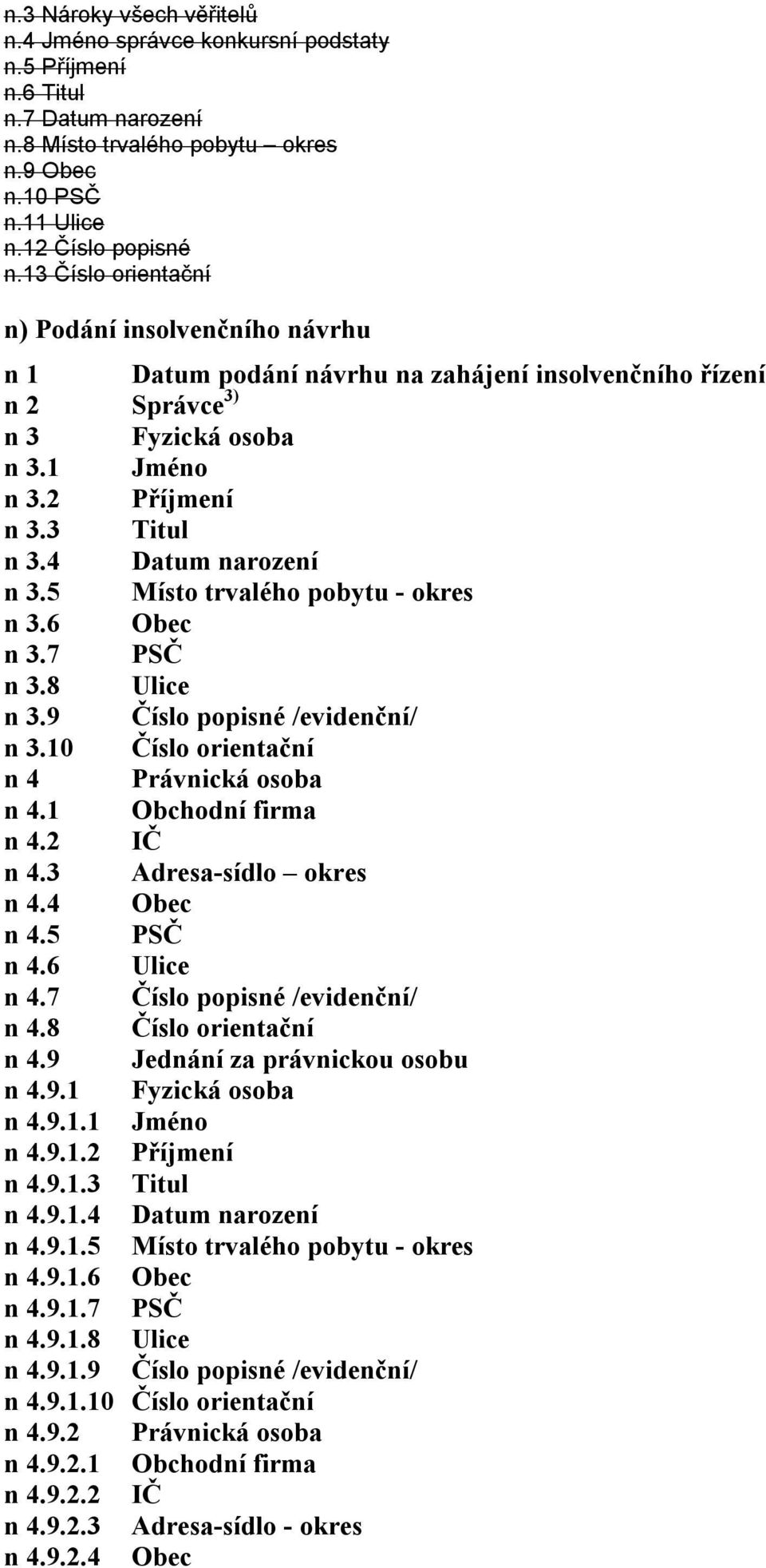 4 Datum narození n 3.5 Místo trvalého pobytu - okres n 3.6 Obec n 3.7 PSČ n 3.8 Ulice n 3.9 Číslo popisné /evidenční/ n 3.10 Číslo orientační n 4 Právnická osoba n 4.1 Obchodní firma n 4.2 IČ n 4.