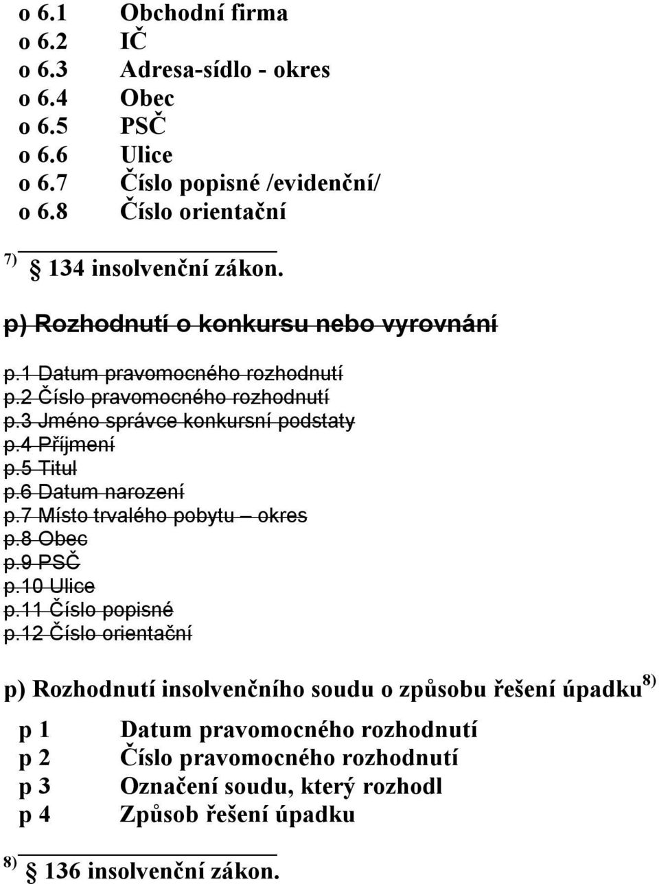 3 Jméno správce konkursní podstaty p.4 Příjmení p.5 Titul p.6 Datum narození p.7 Místo trvalého pobytu okres p.8 Obec p.9 PSČ p.10 Ulice p.11 Číslo popisné p.