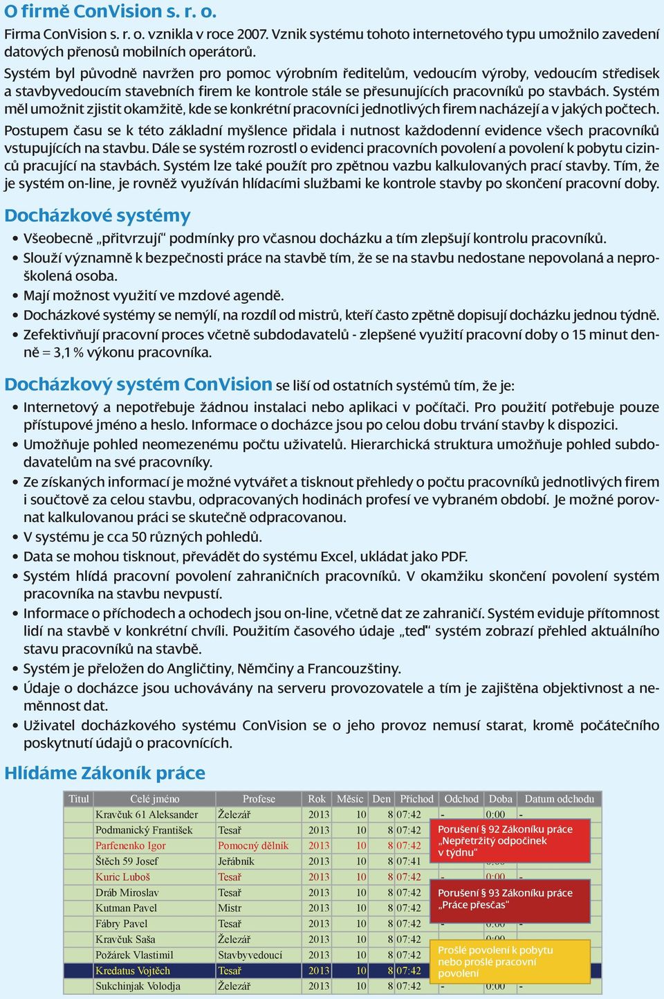 Systém měl umožnit zjistit okamžitě, kde se konkrétní pracovníci jednotlivých firem nacházejí a v jakých počtech.