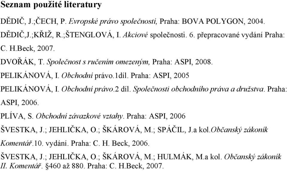 Obchodní právo.2 díl. Společnosti obchodního práva a družstva. Praha: ASPI, 2006. PLÍVA, S. Obchodní závazkové vztahy. Praha: ASPI, 2006 ŠVESTKA, J.; JEHLIČKA, O.; ŠKÁROVÁ, M.