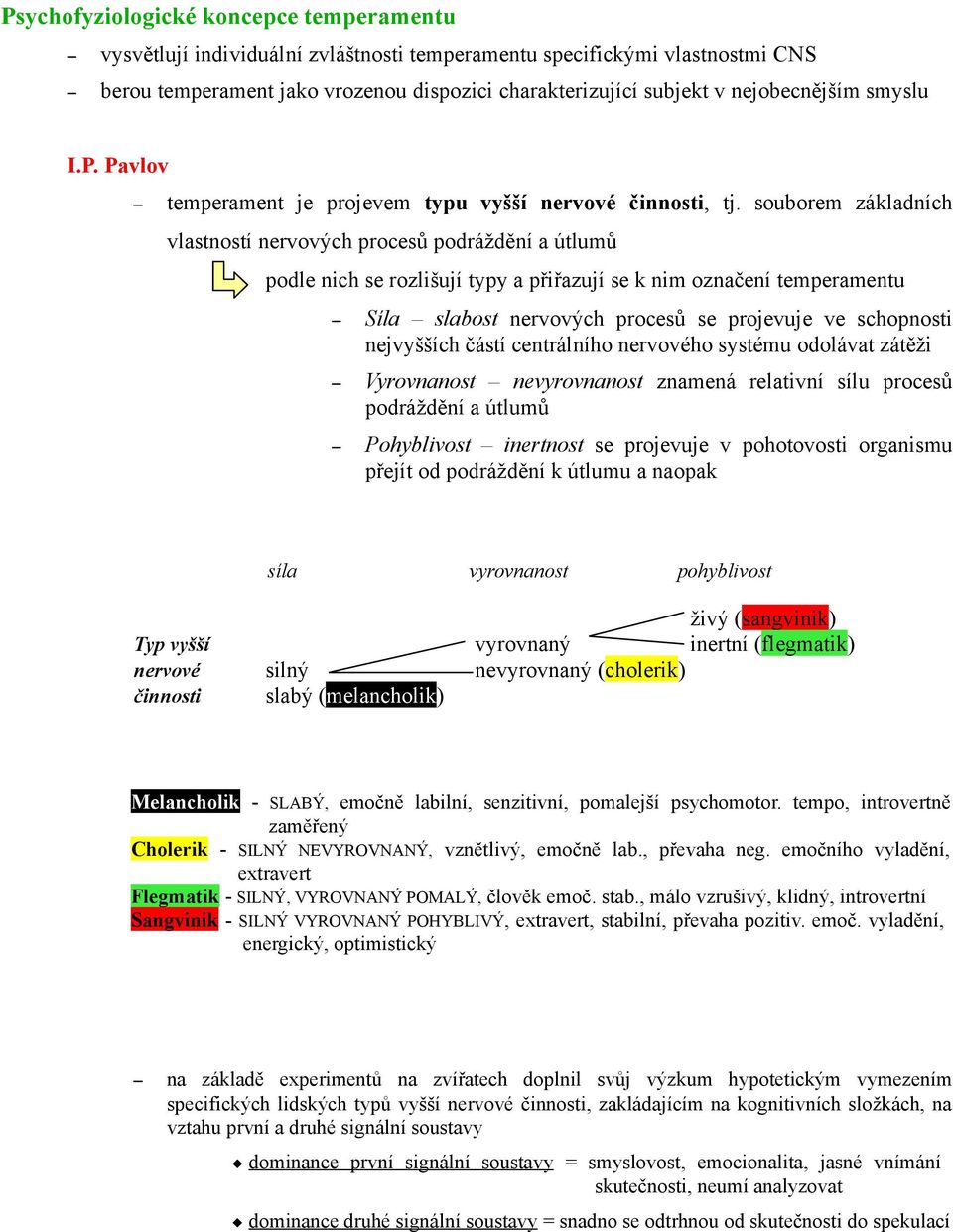 souborem základních vlastností nervových procesů podráždění a útlumů podle nich se rozlišují typy a přiřazují se k nim označení temperamentu Síla slabost nervových procesů se projevuje ve schopnosti