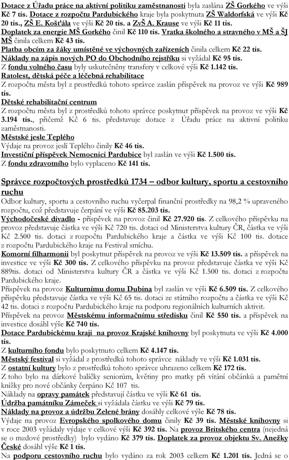 Platba obcím za žáky umístěné ve výchovných zařízeních činila celkem Kč 22 tis. Náklady na zápis nových PO do Obchodního rejstříku si vyžádal Kč 95 tis.