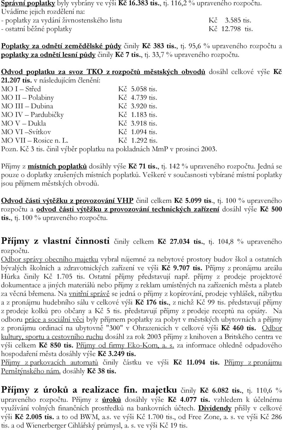 Odvod poplatku za svoz TKO z rozpočtů městských obvodů dosáhl celkové výše Kč 21.207 tis. v následujícím členění: MO I Střed Kč 5.058 tis. MO II Polabiny Kč 4.739 tis. MO III Dubina Kč 3.920 tis.