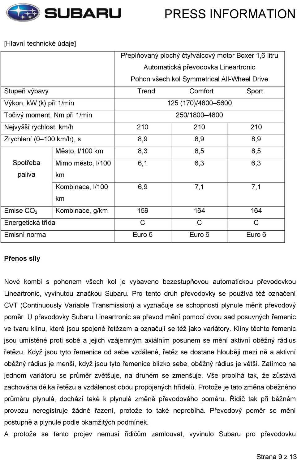 město, l/100 6,1 6,3 6,3 paliva km Kombinace, l/100 6,9 7,1 7,1 km Emise CO 2 Kombinace, g/km 159 164 164 Energetická třída C C C Emisní norma Euro 6 Euro 6 Euro 6 Přenos síly Nové kombi s pohonem