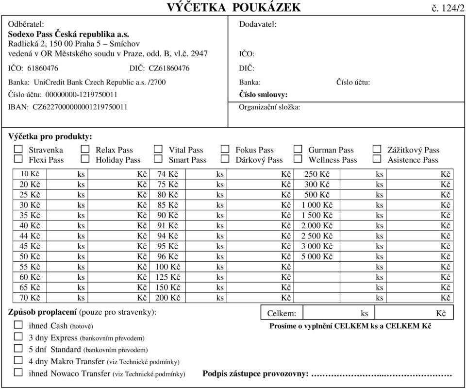 /2700 Banka: Číslo účtu: Číslo účtu: 00000000-1219750011 IBAN: CZ6227000000001219750011 VÝČETKA POUKÁZEK č.