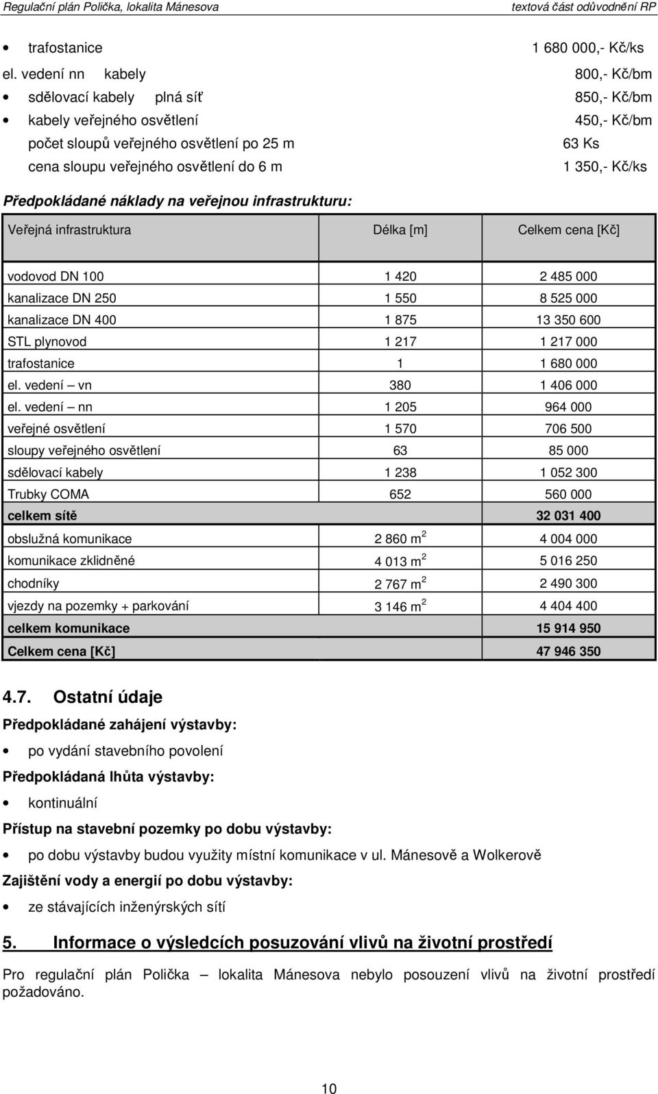 náklady na veřejnou infrastrukturu: Veřejná infrastruktura Délka [m] Celkem cena [Kč] vodovod DN 100 1 420 2 485 000 kanalizace DN 250 1 550 8 525 000 kanalizace DN 400 1 875 13 350 600 STL plynovod