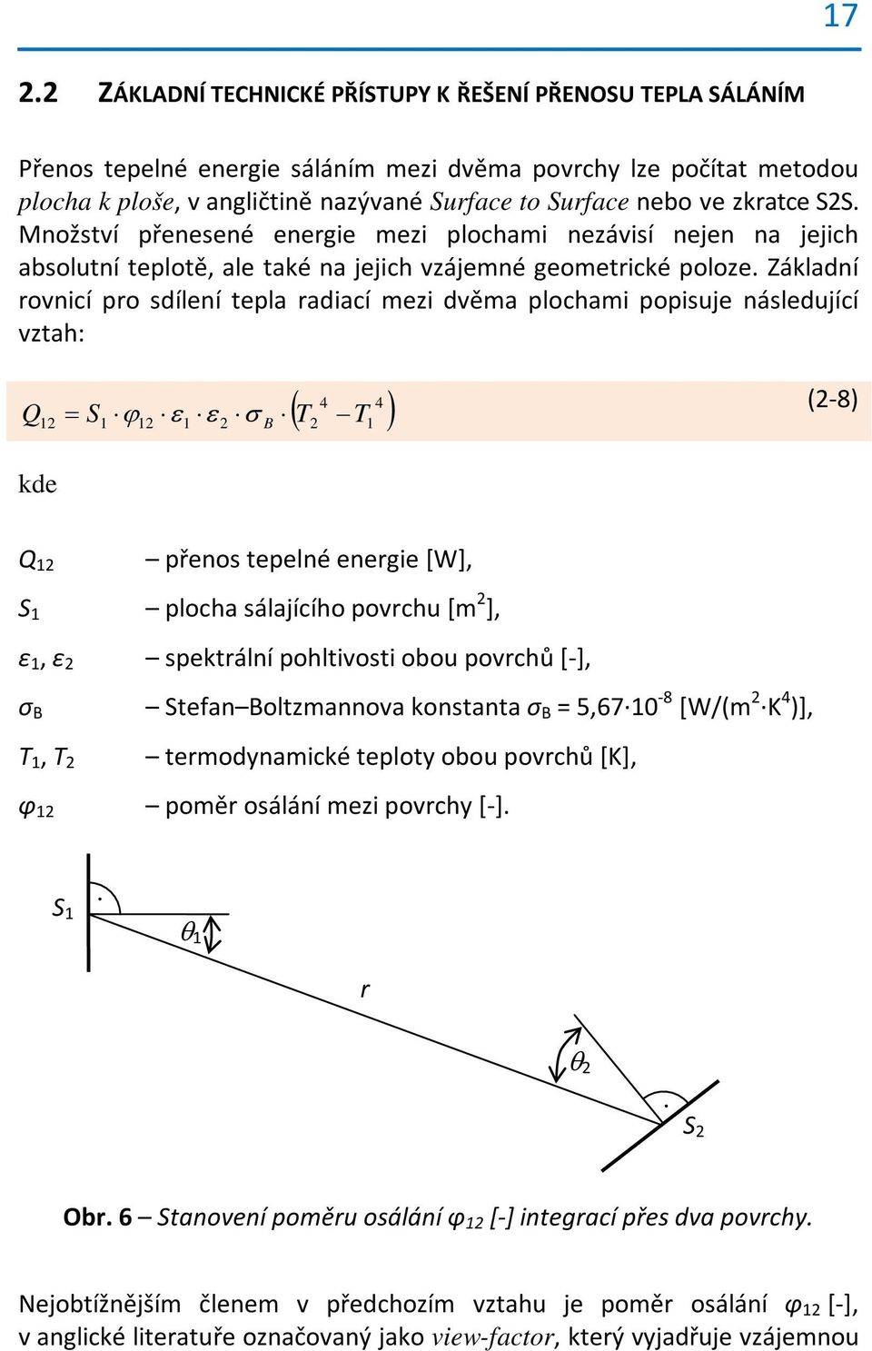 Základní rovnicí pro sdílení tepla radiací mei dvěma plochami popisje následjící vtah: 4 4 ( T ) Q B S ϕ ε ε σ T (-8) kde Q přenos tepelné energie [W], S plocha sálajícího povrch [m ], ε, ε