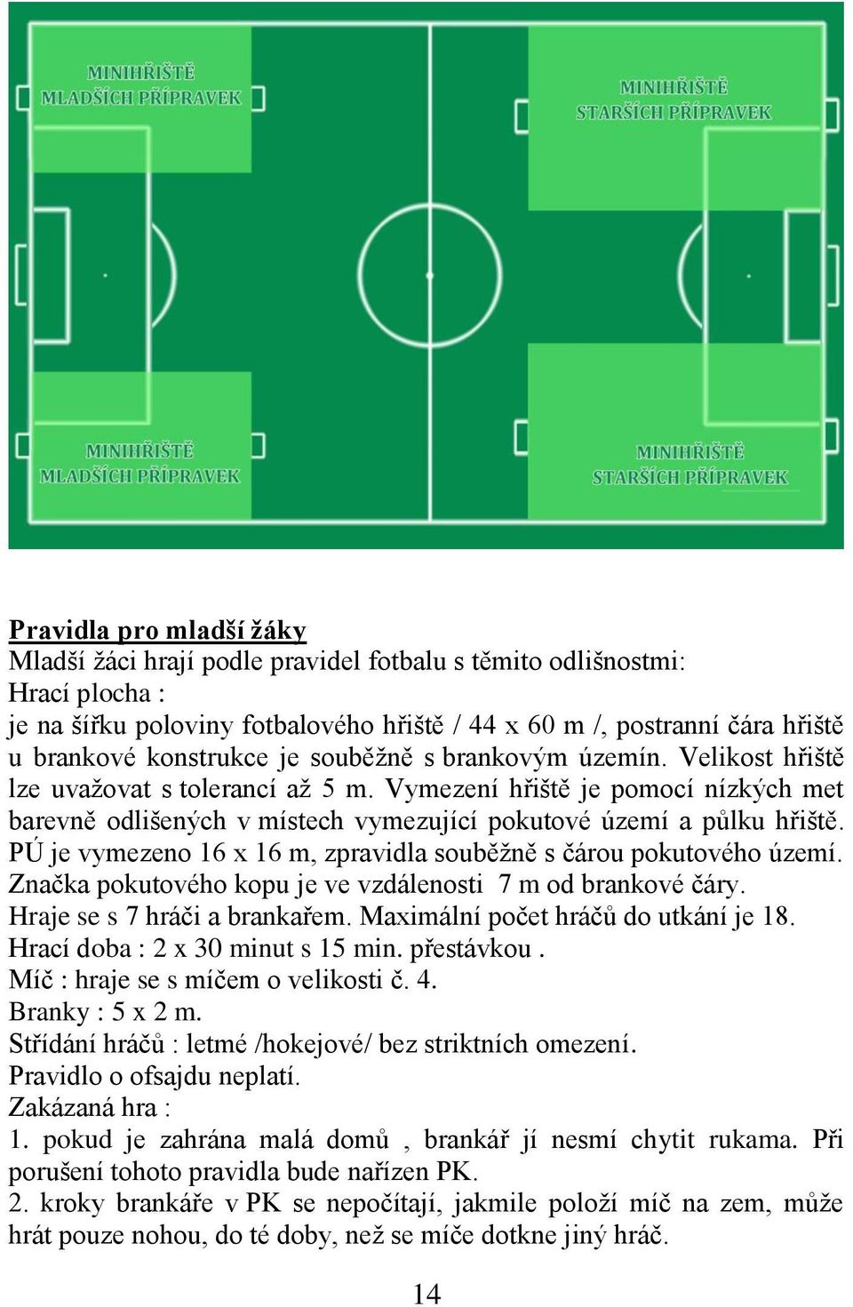 PÚ je vymezeno 16 x 16 m, zpravidla souběţně s čárou pokutového území. Značka pokutového kopu je ve vzdálenosti 7 m od brankové čáry. Hraje se s 7 hráči a brankařem.