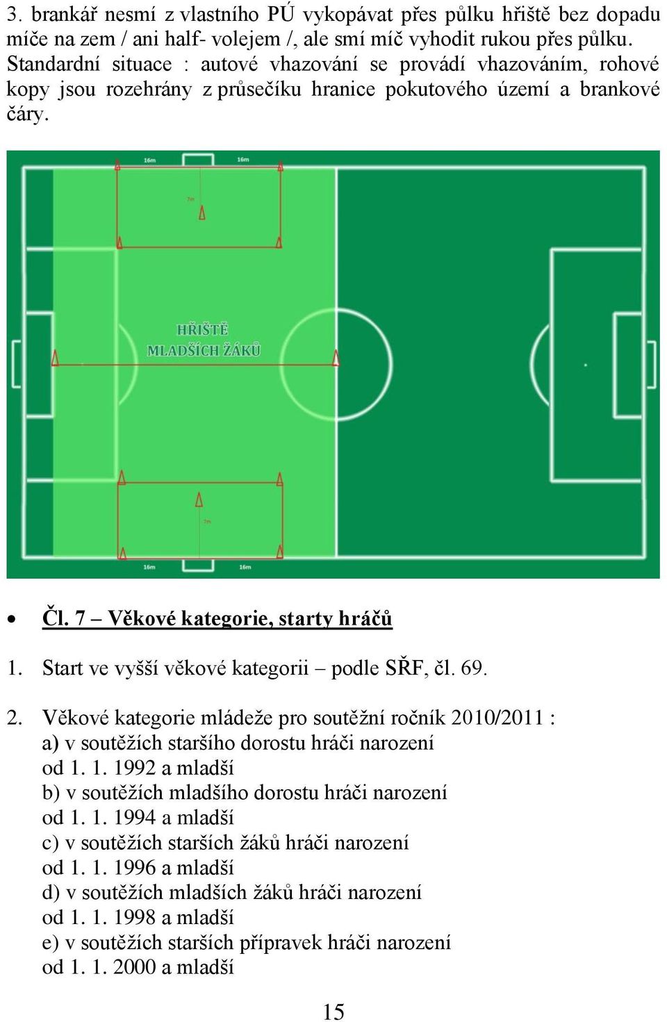 Start ve vyšší věkové kategorii podle SŘF, čl. 69. 2. Věkové kategorie mládeţe pro soutěţní ročník 2010/2011 : a) v soutěţích staršího dorostu hráči narození od 1.