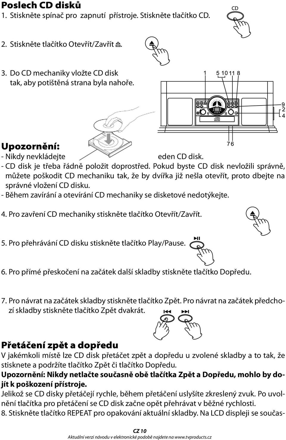 Pokud byste CD disk nevložili správně, můžete poškodit CD mechaniku tak, že by dvířka již nešla otevřít, proto dbejte na správné vložení CD disku.