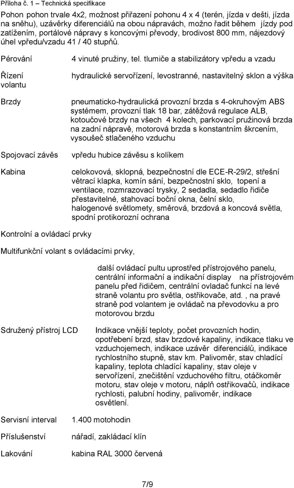 portálové nápravy s koncovými převody, brodivost 800 mm, nájezdový úhel vpředu/vzadu 41 / 40 stupňů. Pérování Řízení volantu Brzdy Spojovací závěs Kabina 4 vinuté pružiny, tel.