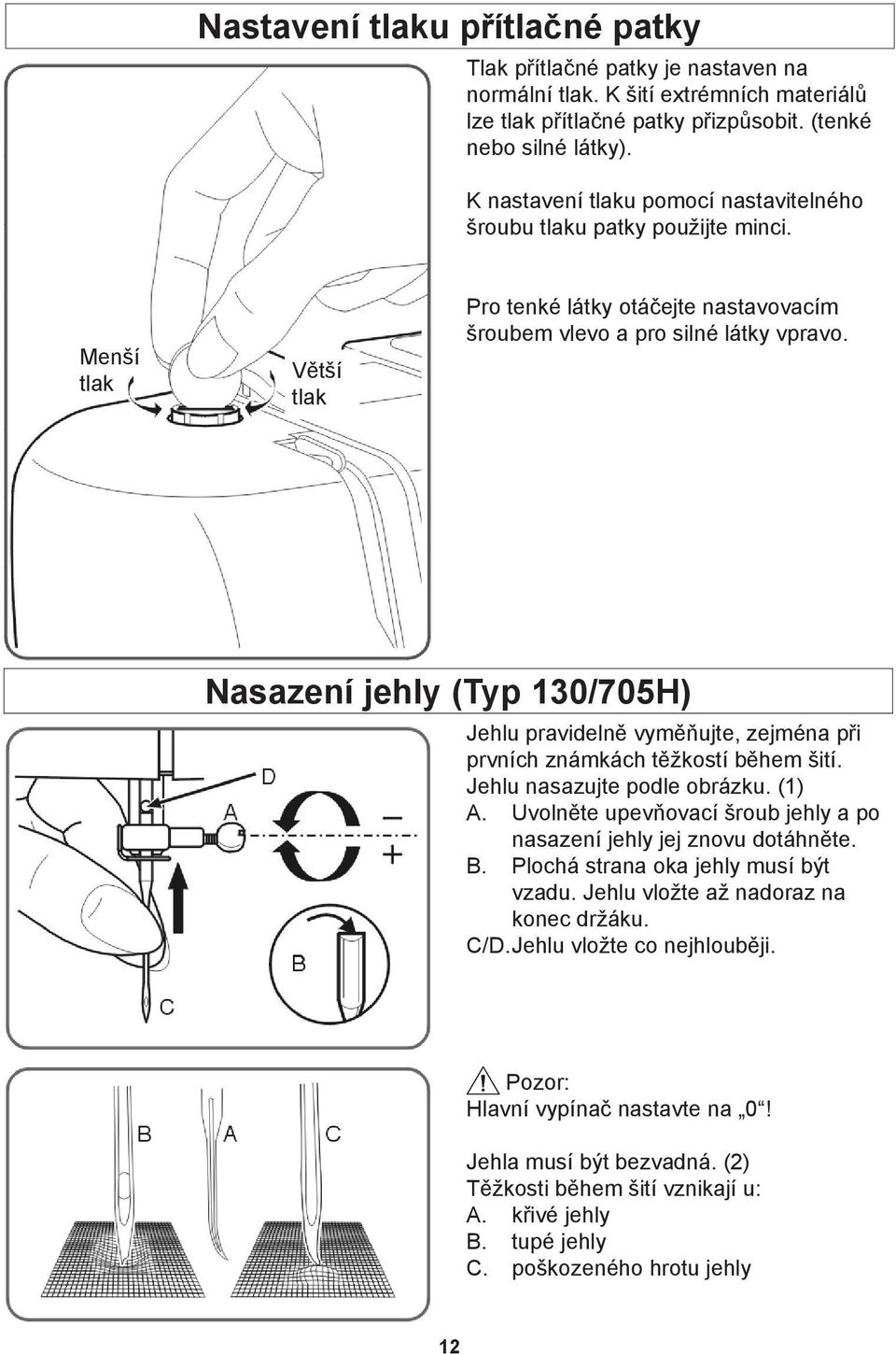 Nasazení jehly (Typ 130/705H) Jehlu pravidelně vyměňujte, zejména při prvních známkách těžkostí během šití. Jehlu nasazujte podle obrázku. (1) A.