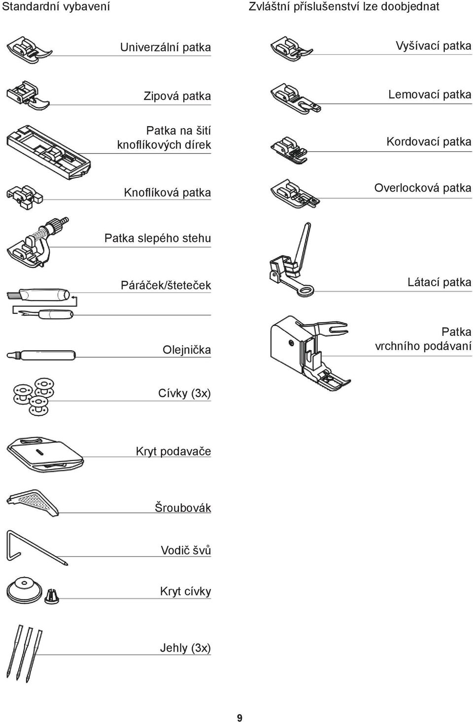 Knoflíková patka Overlocková patka Patka slepého stehu Páráček/šteteček Látací patka