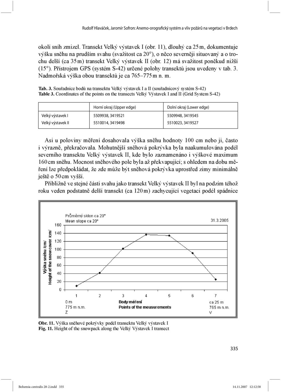 12) má svažitost poněkud nižší (15 ). Přístrojem GPS (systém S-42) určené polohy transektů jsou uvedeny v tab. 3. Nadmořská výška obou transektů je ca 765 775 m n. m. Tab. 3. Souřadnice bodů na transektu Velký výstavek I a II (souřadnicový systém S-42) Table 3.