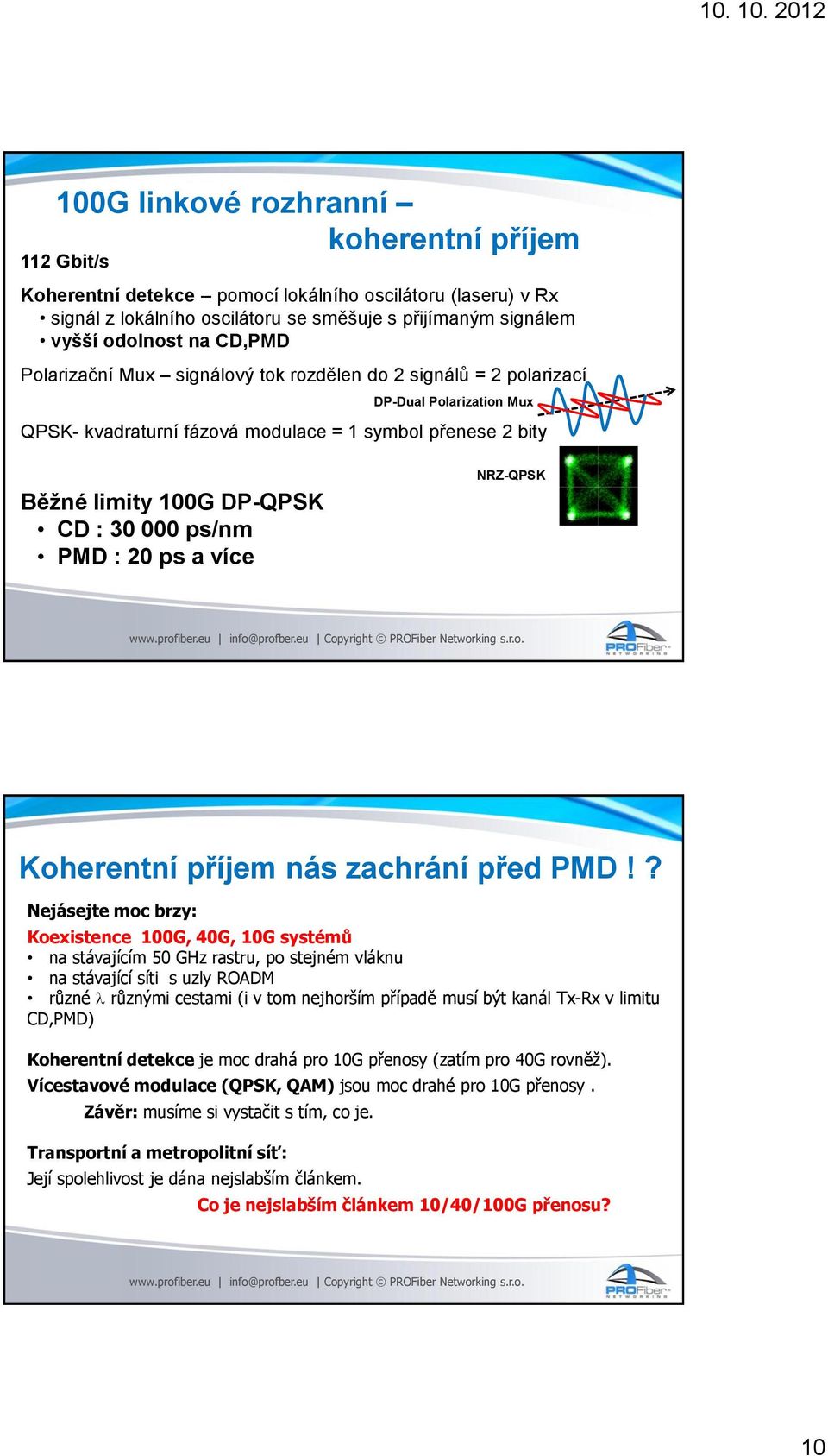 ps/nm PMD : 20 ps a více NRZ-QPSK Koherentní příjem nás zachrání před PMD!