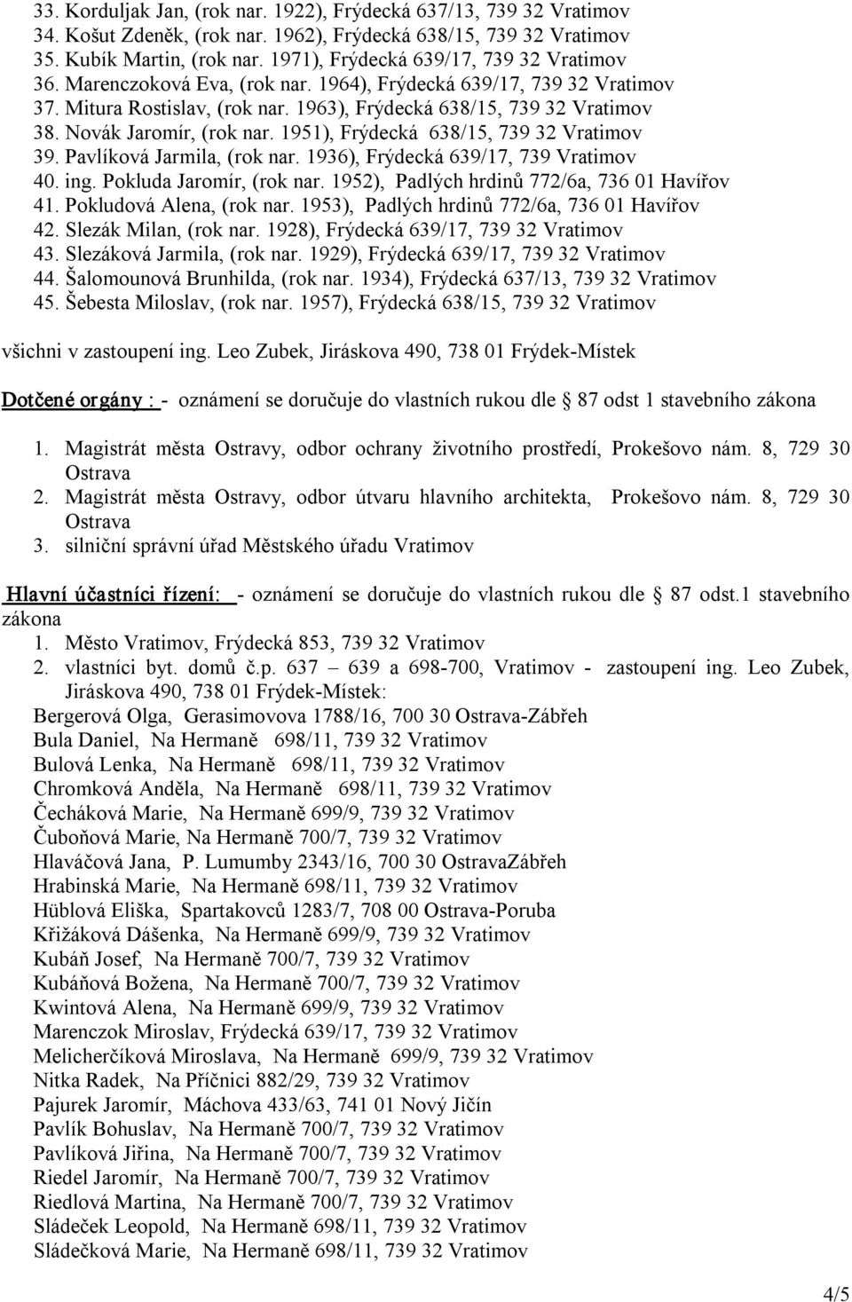 Novák Jaromír, (rok nar. 1951), Frýdecká 638/15, 739 32 Vratimov 39. Pavlíková Jarmila, (rok nar. 1936), Frýdecká 639/17, 739 Vratimov 40. ing. Pokluda Jaromír, (rok nar.