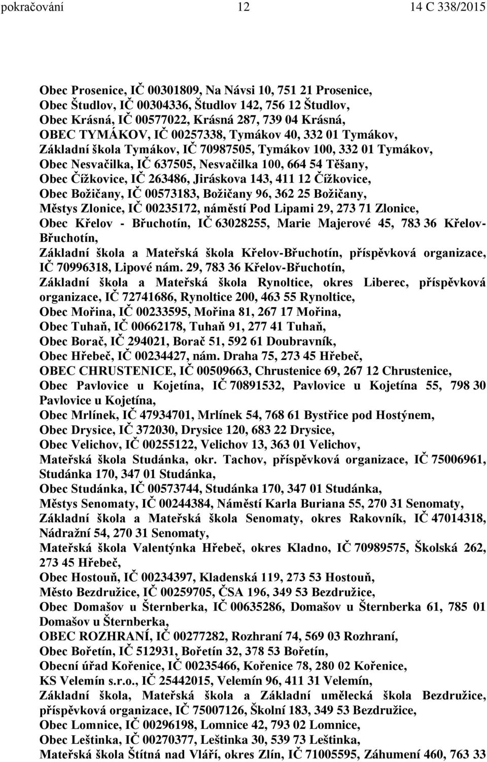 263486, Jiráskova 143, 411 12 Čížkovice, Obec Božičany, IČ 00573183, Božičany 96, 362 25 Božičany, Městys Zlonice, IČ 00235172, náměstí Pod Lipami 29, 273 71 Zlonice, Obec Křelov - Břuchotín, IČ