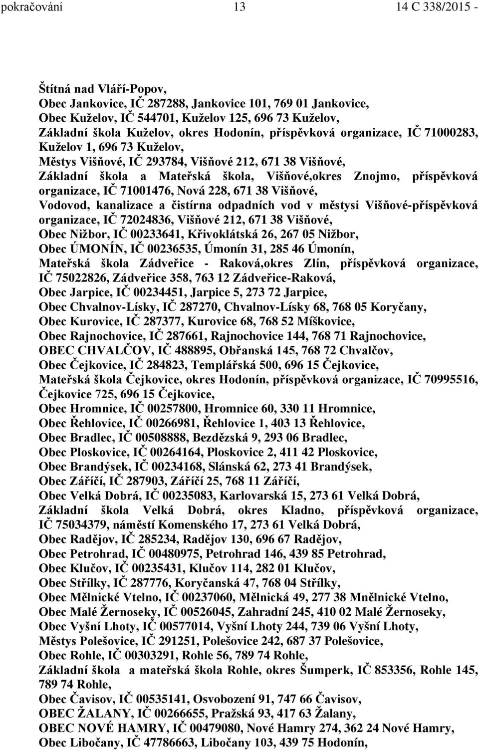 organizace, IČ 71001476, Nová 228, 671 38 Višňové, Vodovod, kanalizace a čistírna odpadních vod v městysi Višňové-příspěvková organizace, IČ 72024836, Višňové 212, 671 38 Višňové, Obec Nižbor, IČ