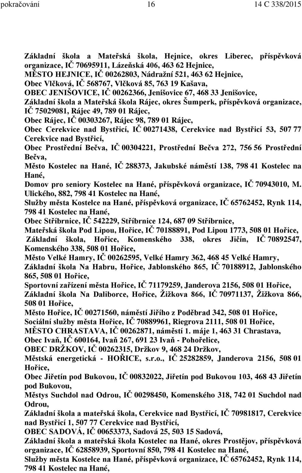 organizace, IČ 75029081, Rájec 49, 789 01 Rájec, Obec Rájec, IČ 00303267, Rájec 98, 789 01 Rájec, Obec Cerekvice nad Bystřicí, IČ 00271438, Cerekvice nad Bystřicí 53, 507 77 Cerekvice nad Bystřicí,