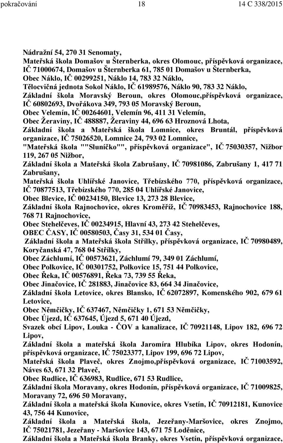 IČ 60802693, Dvořákova 349, 793 05 Moravský Beroun, Obec Velemín, IČ 00264601, Velemín 96, 411 31 Velemín, Obec Žeraviny, IČ 488887, Žeraviny 44, 696 63 Hroznová Lhota, Základní škola a Mateřská