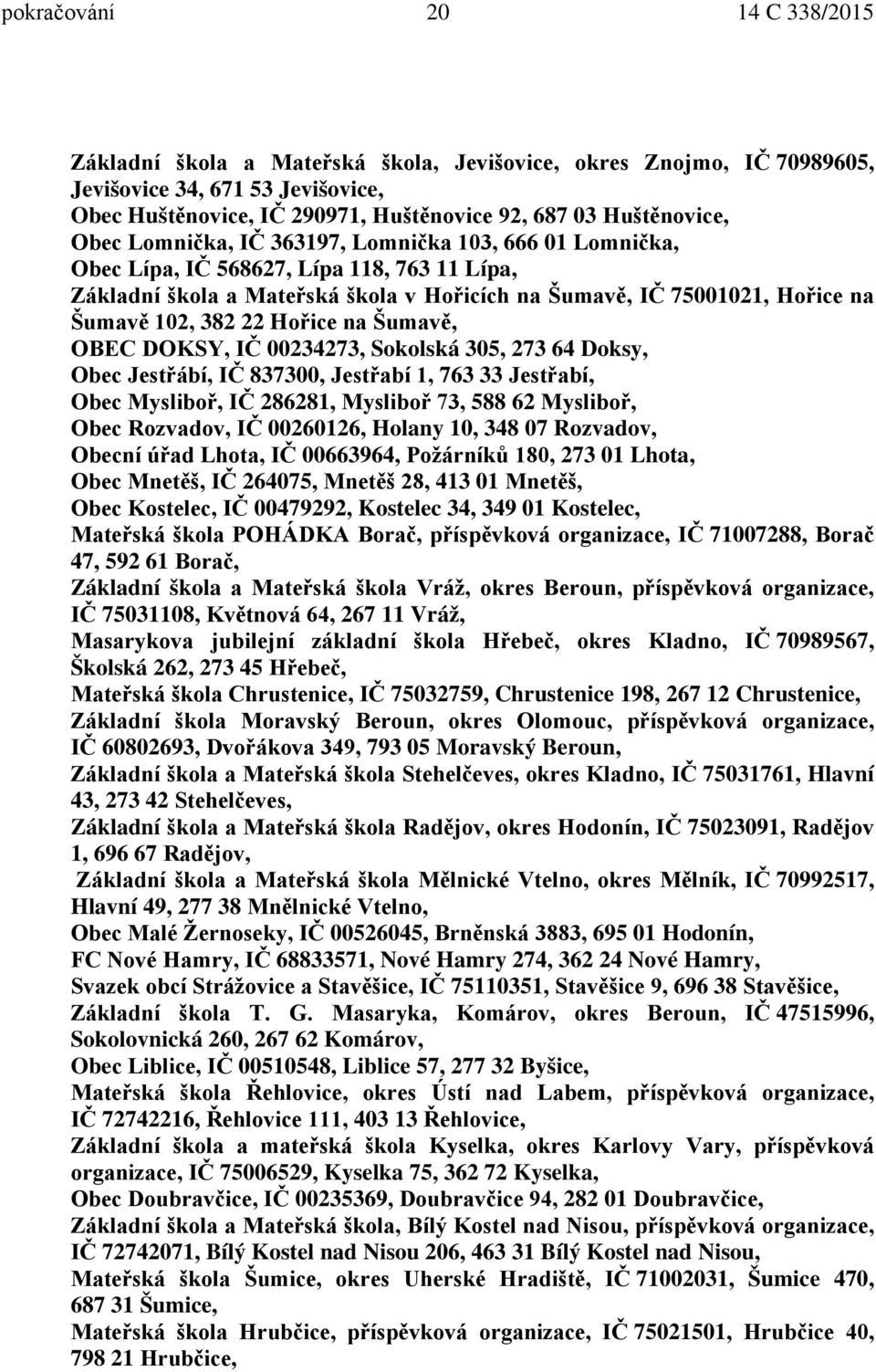 Hořice na Šumavě, OBEC DOKSY, IČ 00234273, Sokolská 305, 273 64 Doksy, Obec Jestřábí, IČ 837300, Jestřabí 1, 763 33 Jestřabí, Obec Mysliboř, IČ 286281, Mysliboř 73, 588 62 Mysliboř, Obec Rozvadov, IČ