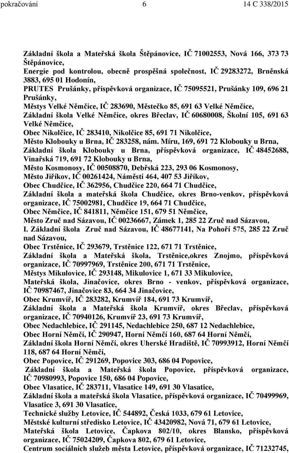 okres Břeclav, IČ 60680008, Školní 105, 691 63 Velké Němčice, Obec Nikolčice, IČ 283410, Nikolčice 85, 691 71 Nikolčice, Město Klobouky u Brna, IČ 283258, nám.