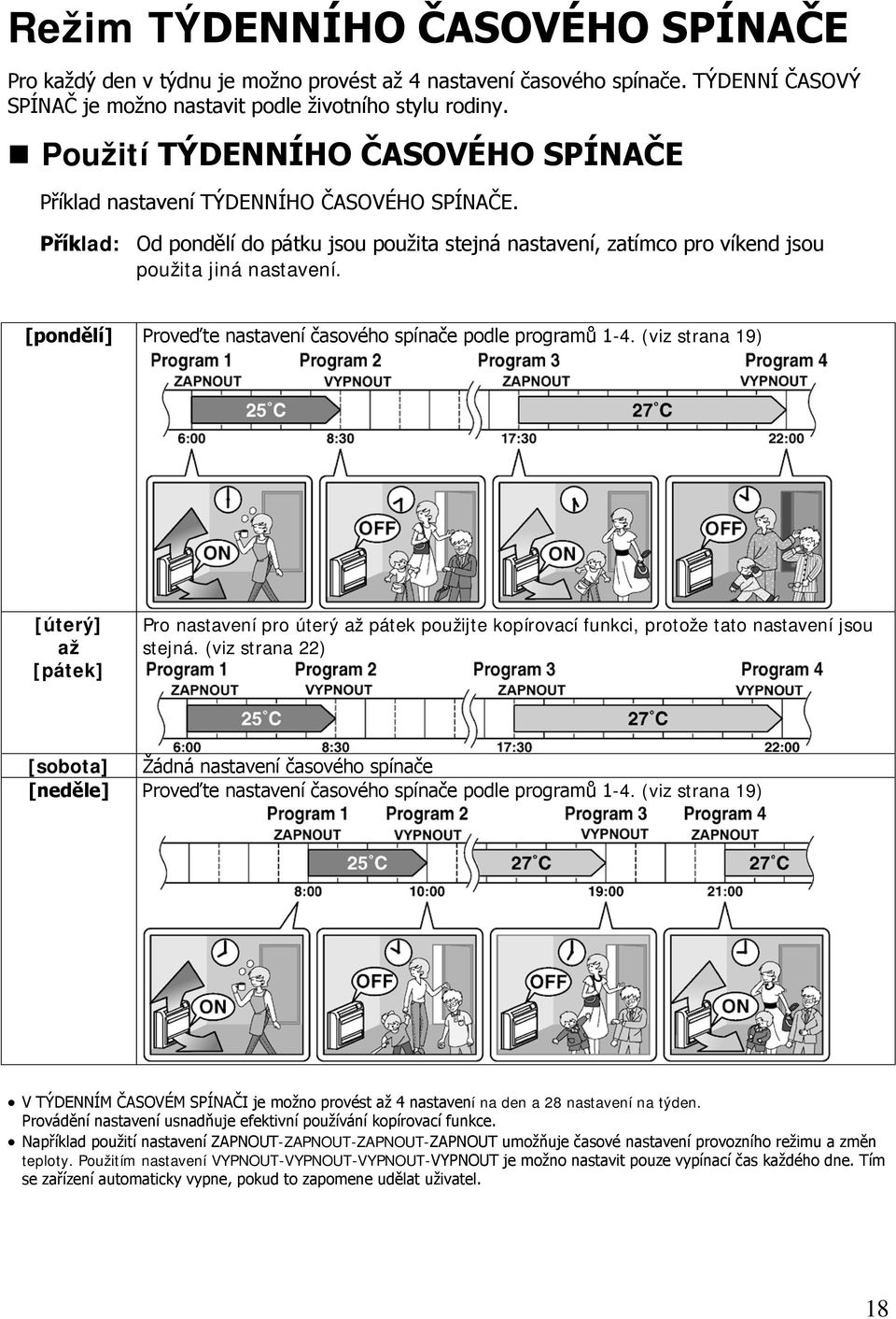 [pondělí] Proveďte nastavení časového spínače podle programů 1-4. (viz strana 19) [úterý] až [pátek] Pro nastavení pro úterý až pátek použijte kopírovací funkci, protože tato nastavení jsou stejná.