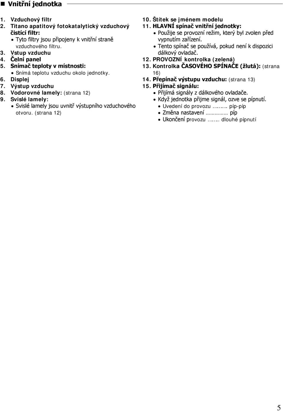 Svislé lamely: Svislé lamely jsou uvnitř výstupního vzduchového otvoru. (strana 12) 10. Štítek se jménem modelu 11.