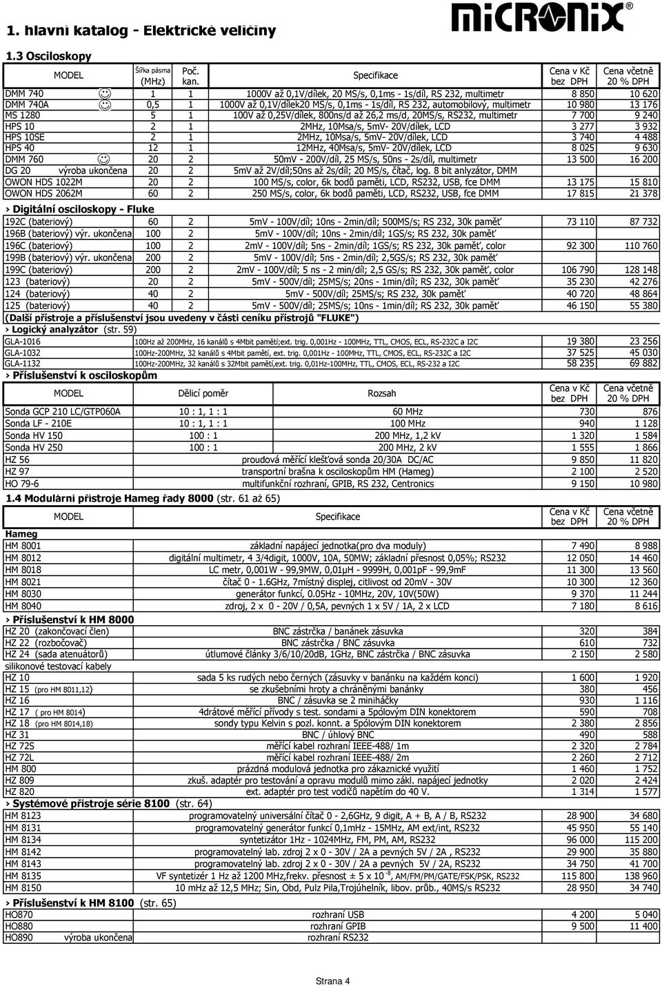 0,25V/dílek, 800ns/d až 26,2 ms/d, 20MS/s, RS232, multimetr 7 700 9 240 2 1 2MHz, 10Msa/s, 5mV- 20V/dílek, LCD 3 277 3 932 2 1 2MHz, 10Msa/s, 5mV- 20V/dílek, LCD 3 740 4 488 12 1 12MHz, 40Msa/s, 5mV-