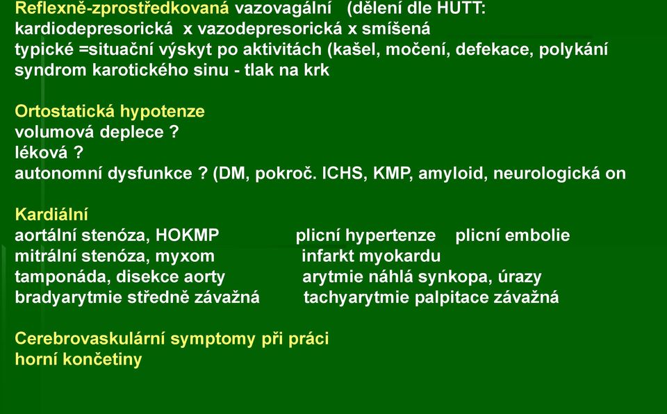 ICHS, KMP, amyloid, neurologická on Kardiální aortální stenóza, HOKMP plicní hypertenze plicní embolie mitrální stenóza, myxom infarkt myokardu