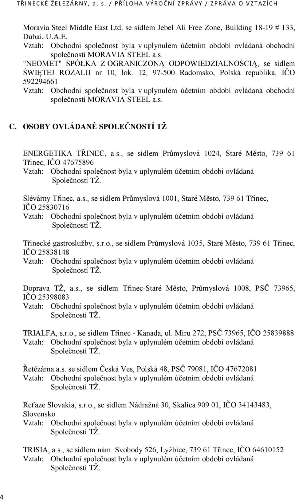 r.o., se sídlem Průmyslová 1035, Staré Město, 739 61 Třinec, IČO 25838148 Doprava TŽ, a.s., se sídlem Třinec-Staré Město, Průmyslová 1008, PSČ 73965, IČO 25398083 TRIALFA, s.r.o., se sídlem Třinec - Kanada, ul.