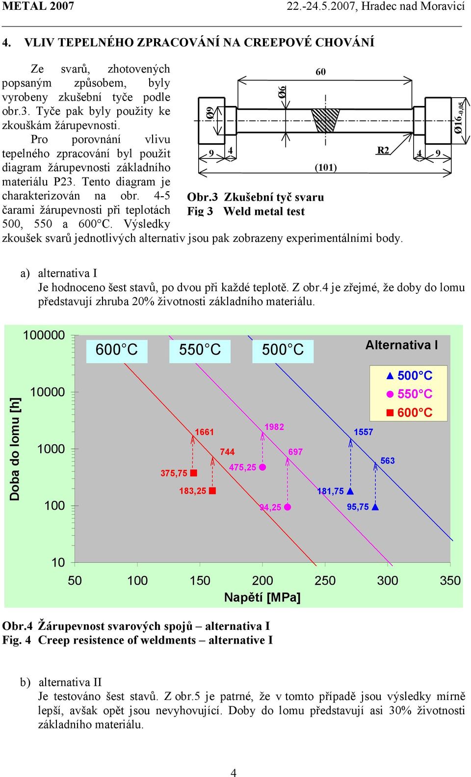 3 Zkušební tyč svaru čarami žárupevnosti při teplotách Fig 3 Weld metal test 500, 550 a. Výsledky zkoušek svarů jednotlivých alternativ jsou pak zobrazeny experimentálními body.