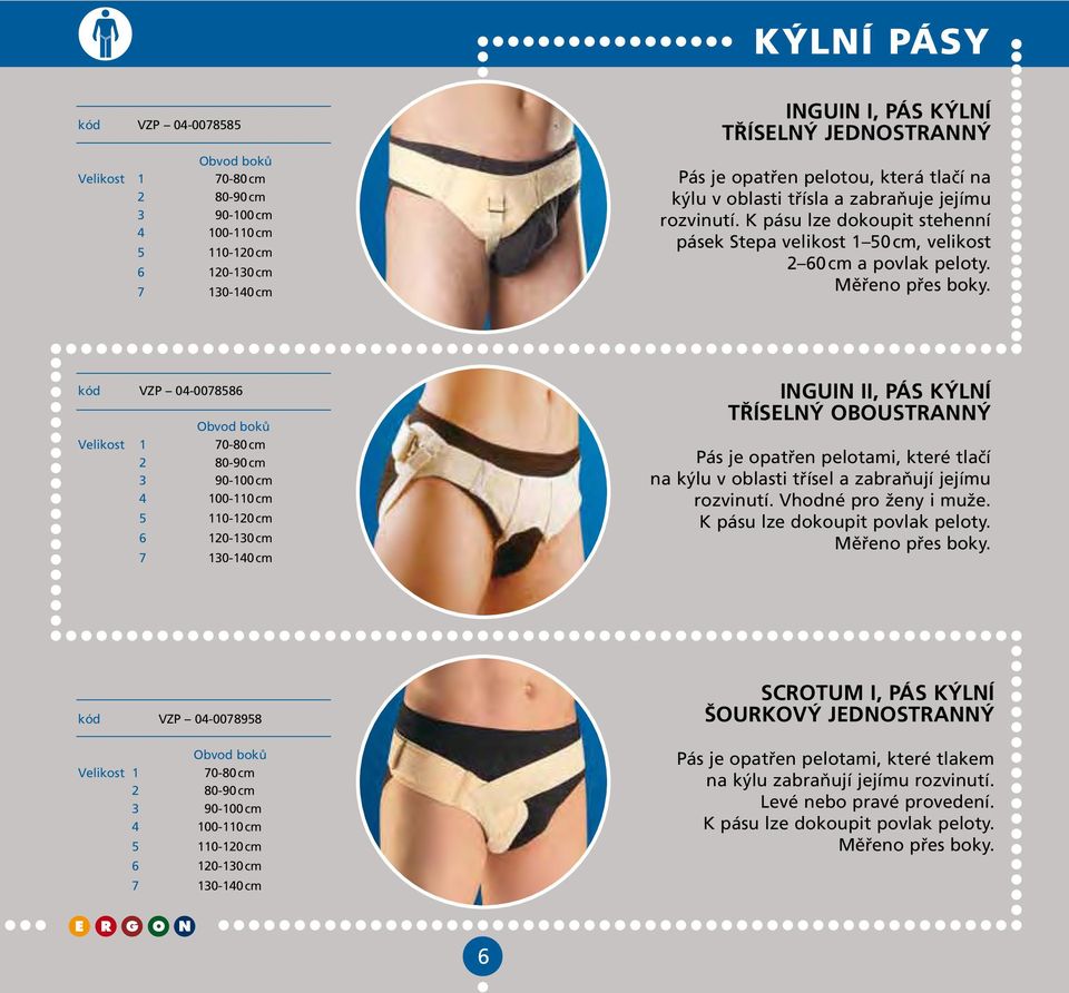 kód VZP 04-0078586 Obvod boků Velikost 1 70-80 cm 2 80-90 cm 3 90-100 cm 4 100-110 cm 5 110-120 cm 6 120-130 cm 7 130-140 cm INGUIN II, PÁS KÝLNÍ TŘÍSELNÝ OBOUSTRANNÝ Pás je opatřen pelotami, které