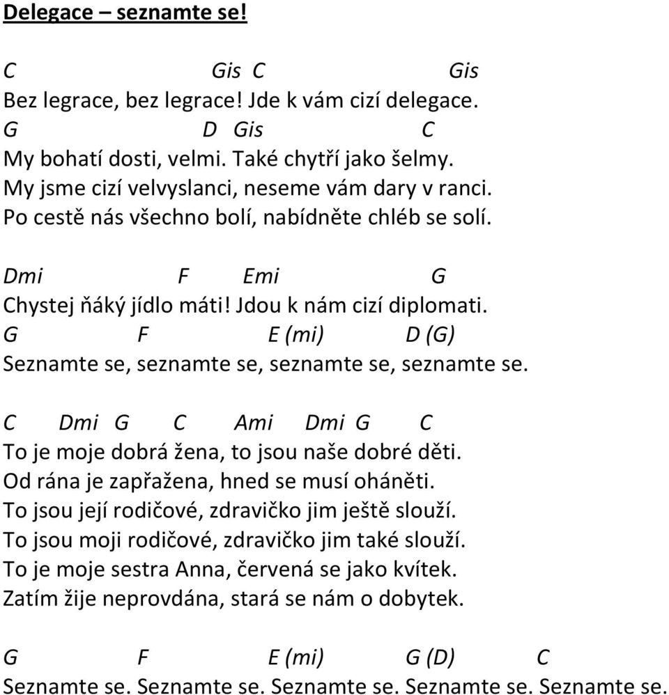 C Dmi G C Ami Dmi G C To je moje dobrá žena, to jsou naše dobré děti. Od rána je zapřažena, hned se musí oháněti. To jsou její rodičové, zdravičko jim ještě slouží.