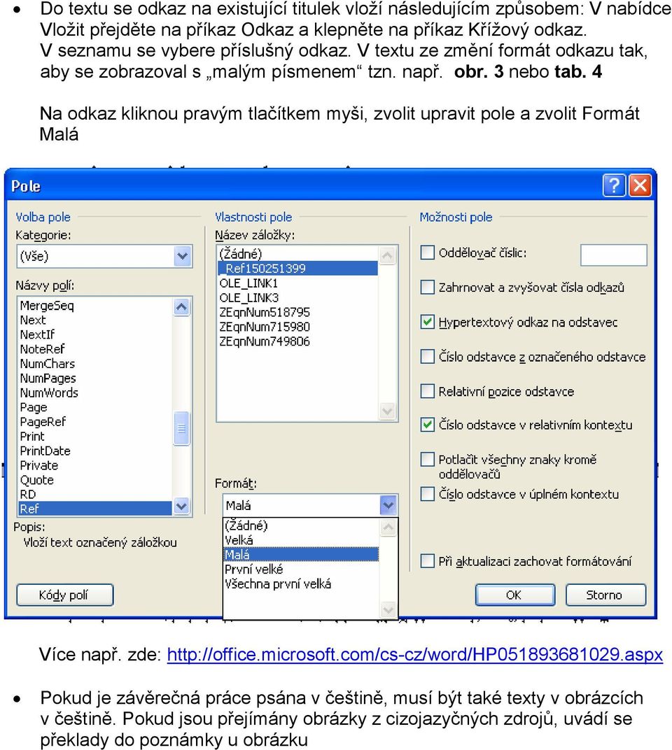 4 Na odkaz kliknou pravým tlačítkem myši, zvolit upravit pole a zvolit Formát Malá Více např. zde: http://office.microsoft.com/cs-cz/word/hp051893681029.
