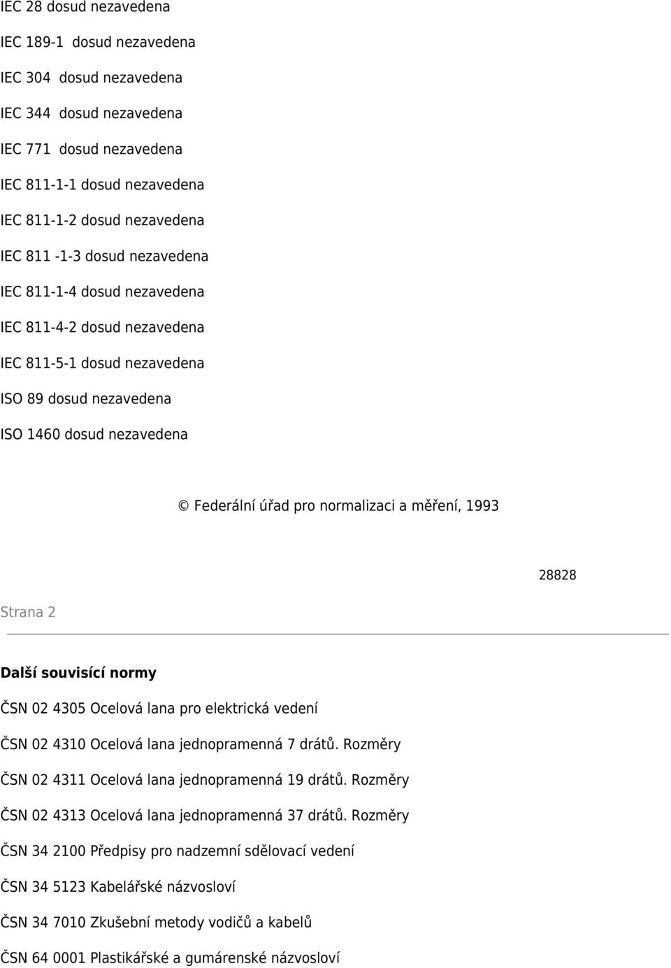 28828 Strana 2 Další souvisící normy ČSN 02 4305 Ocelová lana pro elektrická vedení ČSN 02 4310 Ocelová lana jednopramenná 7 drátů. Rozměry ČSN 02 4311 Ocelová lana jednopramenná 19 drátů.