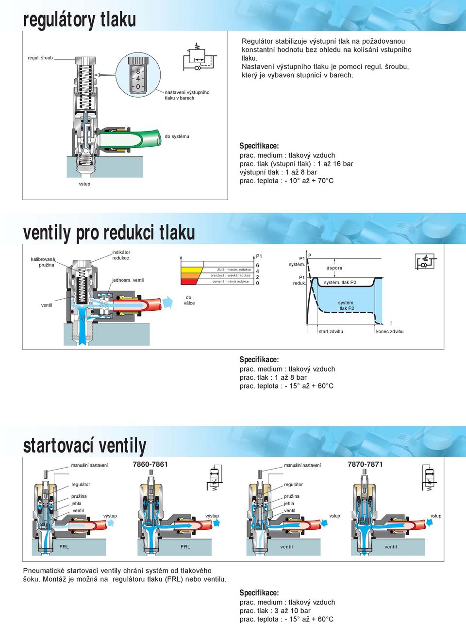 teplota : - 10 až + 70 y pro redukci tlaku kalibrovaná pružina indikátor redukce žlutá : maxim. redukce P1 systém. p úspora jednosm. oranžová : vysoká redukce cervená : mírná redukce P1 reduk. systém. tlak P2 do válce systém.