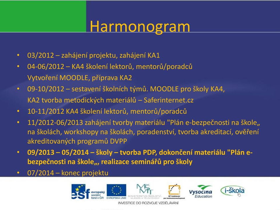 cz 10-11/2012 KA4 školení lektorů, mentorů/poradců 11/2012-06/2013 zahájení tvorby materiálu "Plán e-bezpečnosti na škole na školách, workshopy na