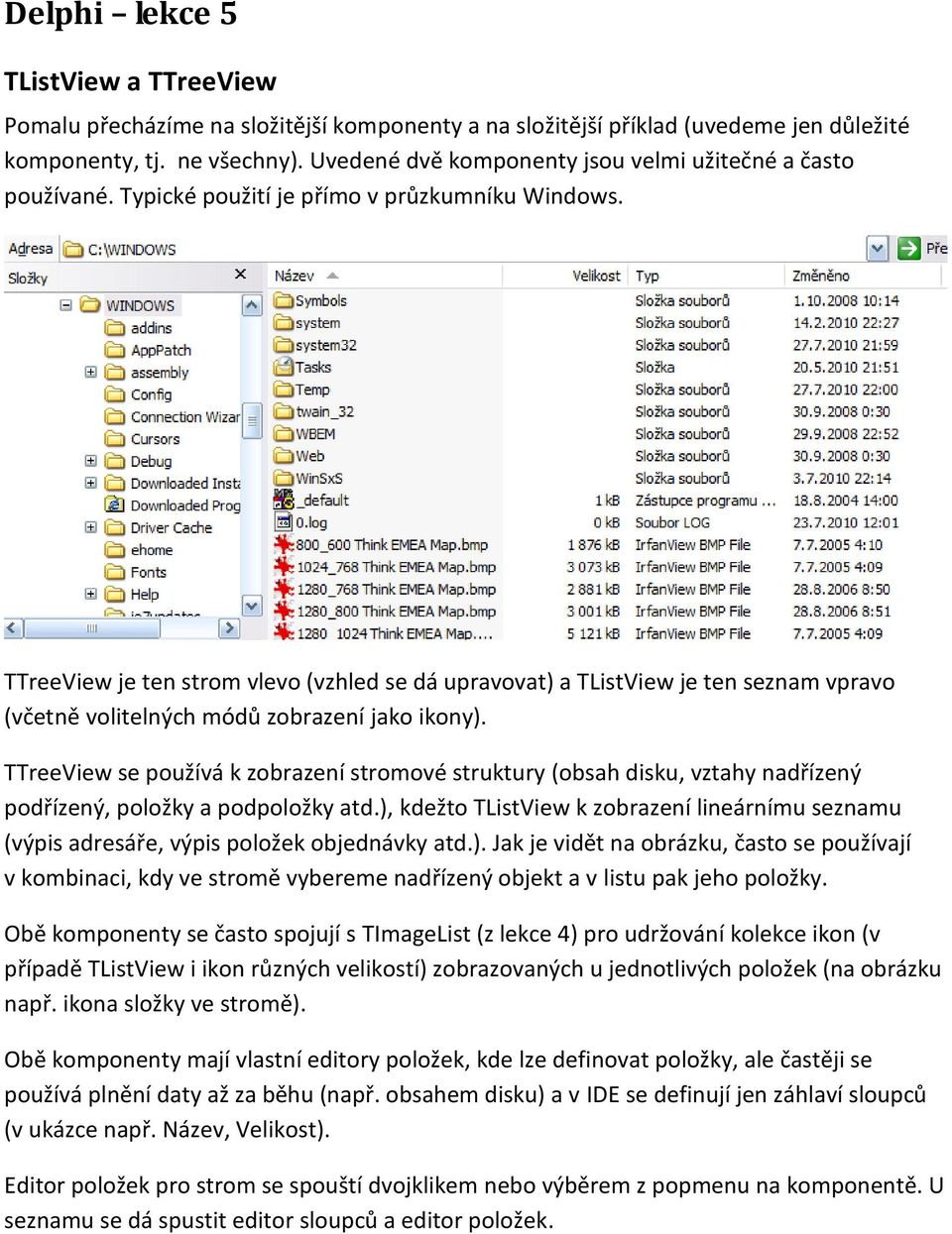 TTreeView je ten strom vlevo (vzhled se dá upravovat) a TListView je ten seznam vpravo (včetně volitelných módů zobrazení jako ikony).