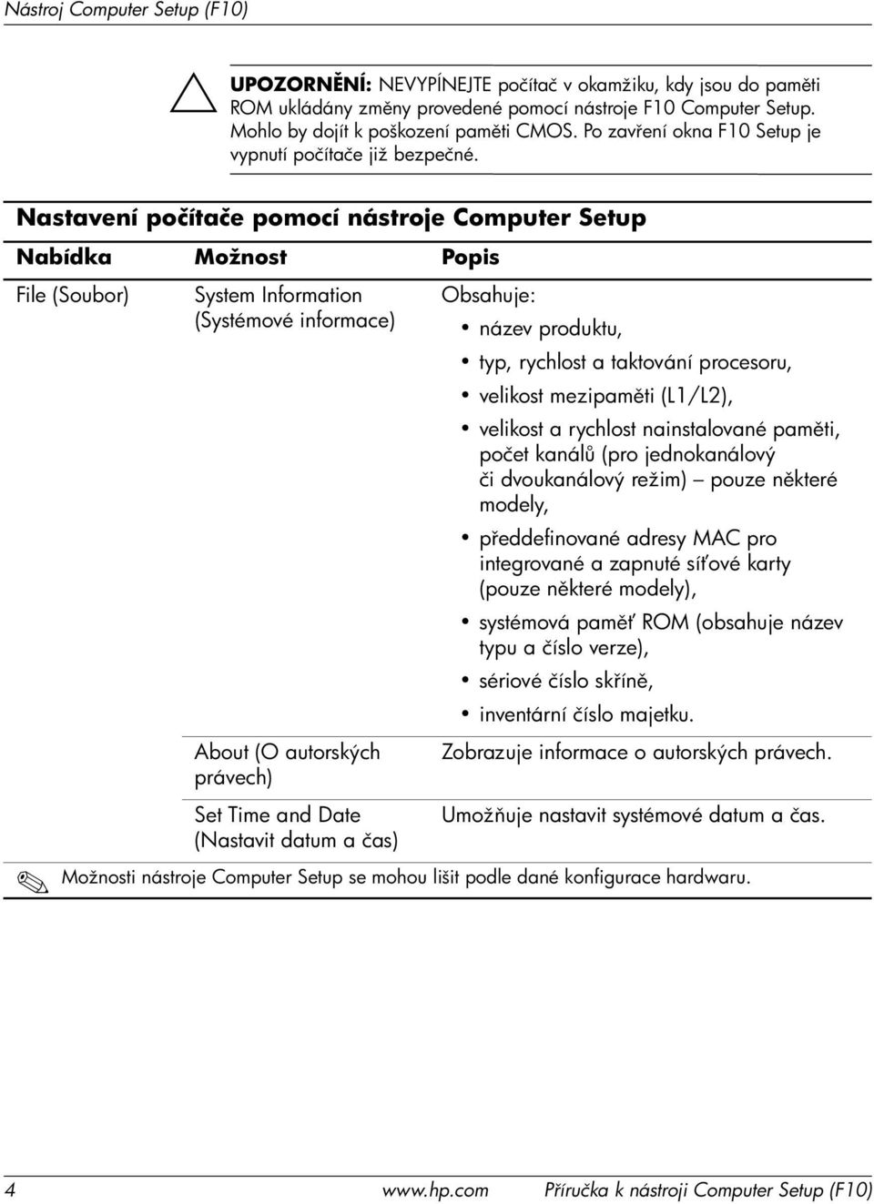 Nastavení počítače pomocí nástroje Computer Setup File (Soubor) System Information (Systémové informace) Obsahuje: název produktu, typ, rychlost a taktování procesoru, velikost mezipam ti (L1/L2),